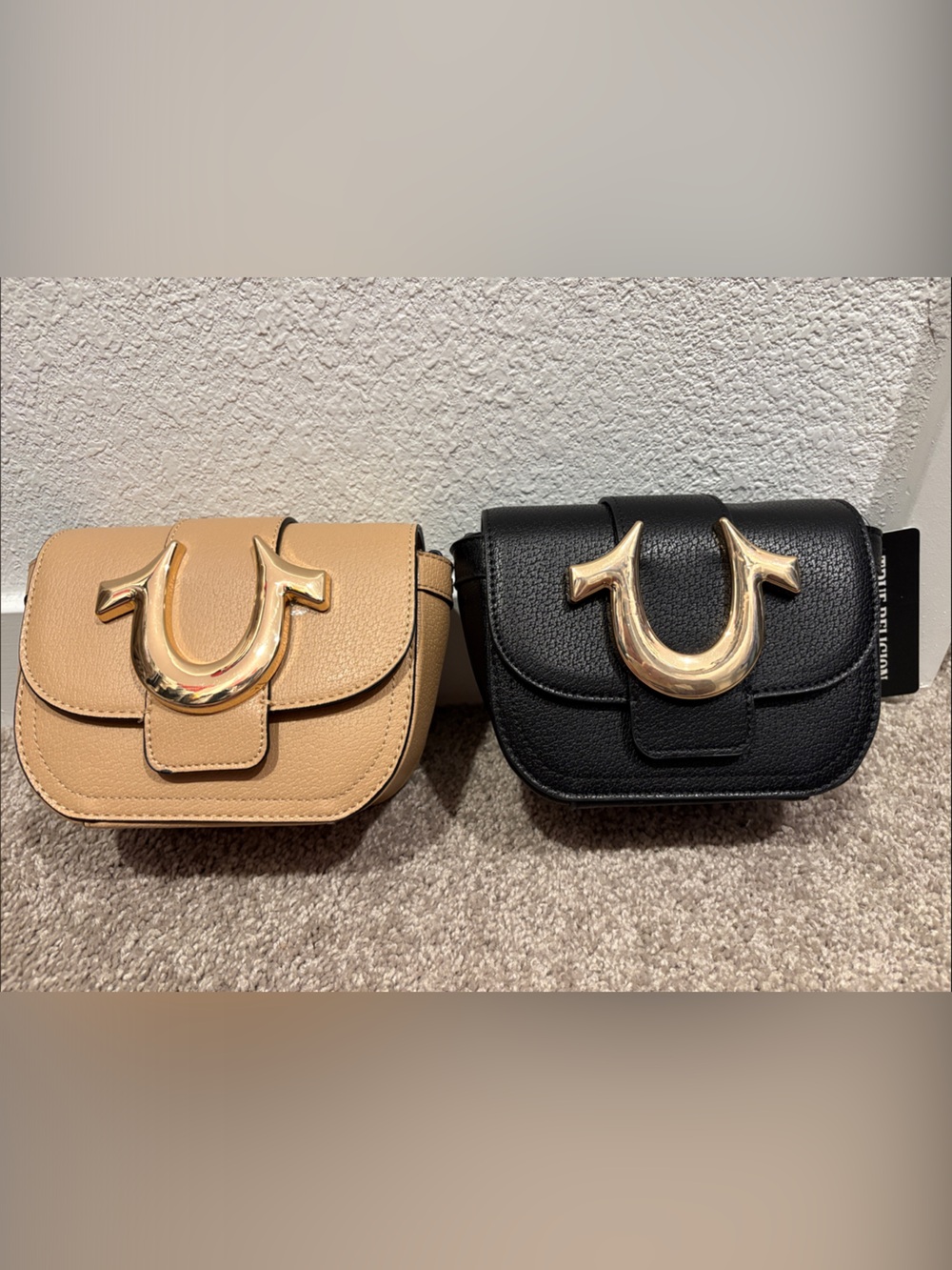 True Religion Tan and Black Crossbody Bags with Gold Horseshoe Detail